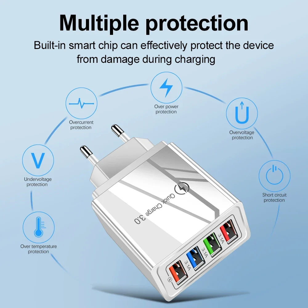 3A USB Charger 4 Port USB Quick Charge 3.0 EU US Plug Mobile Phone Charger Wall Adapter Portable Fast Charging For iPhone 16 Pro