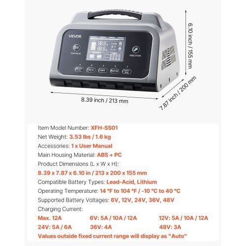 VEVOR Smart Battery Charger, Up to 12A, 6V–48V