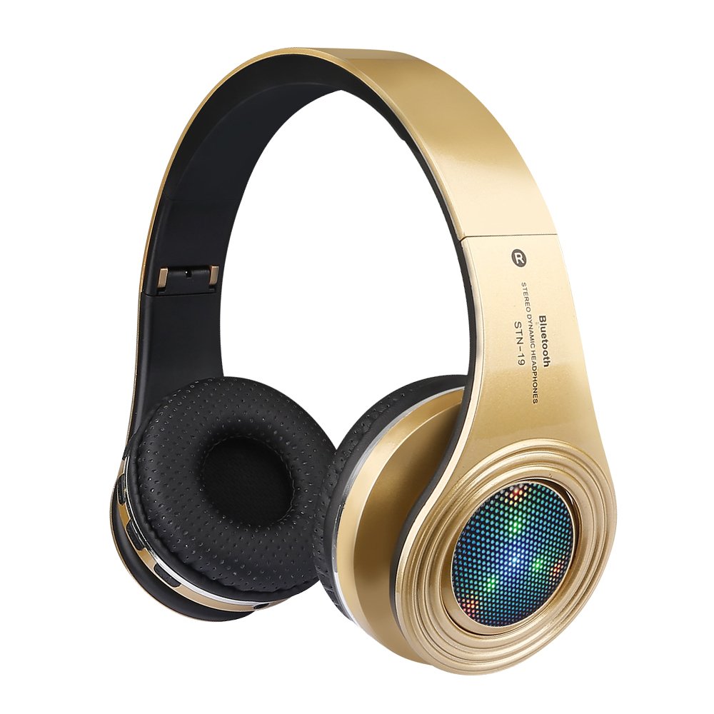 Bluetooth Headphones WirelessOver Ear LED Light Up Headset with Mic Stereo Soundfor Cellphone Tablets Computer for Kids Children Boy Adult-Gold