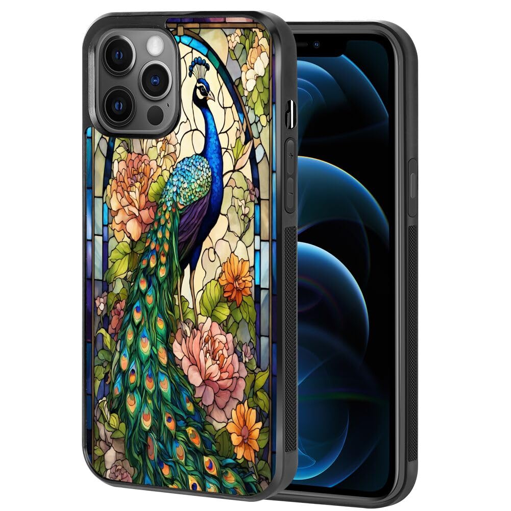 SHENCANG BLUE Case for iPhone 12/iPhone 12 Pro with Peacock Window Glass-Art Black Anti-Scratch Shockproof Slim Rubber Frame Cellphone Case